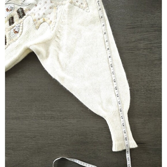 Vtg 80s Off White Knit Angora Lambswool Beaded Applique Sweater M Dolman Sleeve - Picture 6 of 12